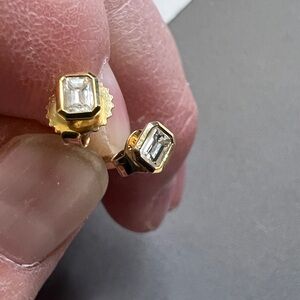 Gold Stud Earrings with Clear Emerald-Cut Stones